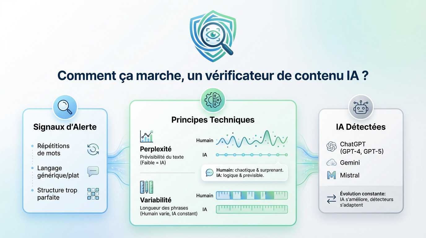 Illustration schématique montrant l'analyse des motifs textuels par un algorithme de détection IA