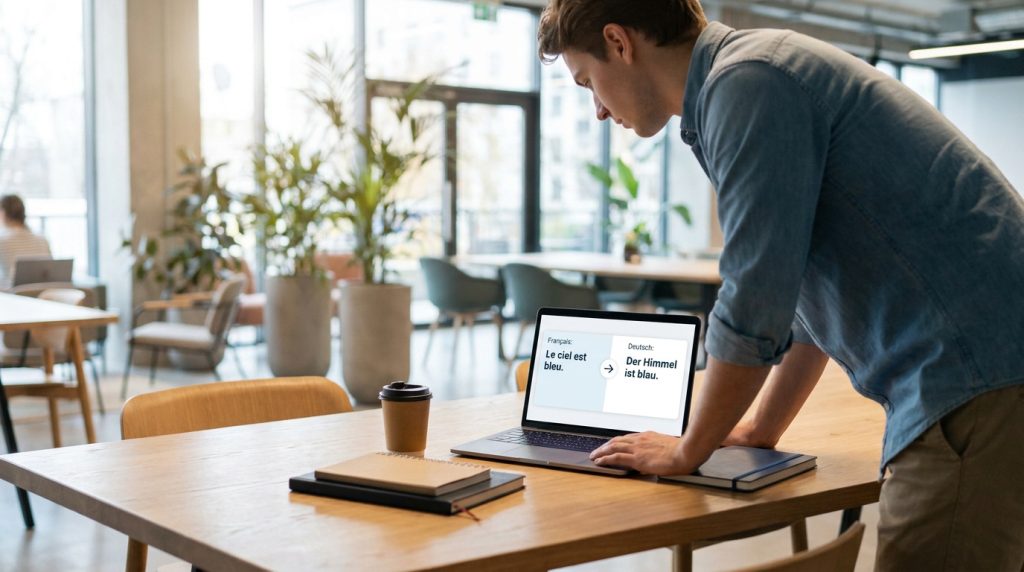 Un homme utilise un ordinateur portable dans un bureau moderne pour traduire une phrase du français vers l'allemand.