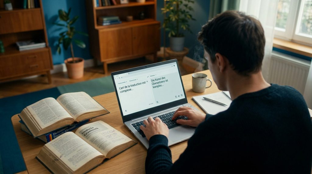 Un homme travaillant sur une traduction français-allemand sur son ordinateur avec des dictionnaires ouverts sur son bureau.