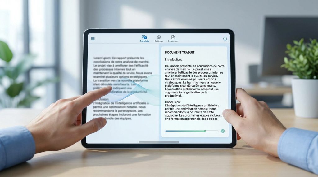 Une personne utilise une tablette pour traduire un document PDF affiché à l'écran dans un environnement de bureau.