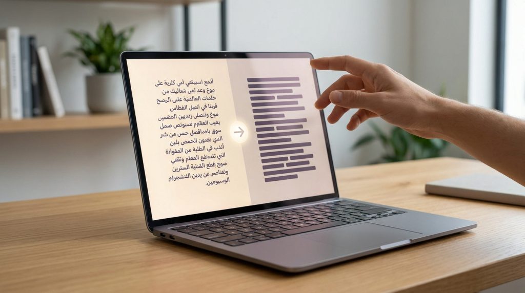 Main pointant vers un écran d'ordinateur affichant un texte en arabe et des blocs de traduction.