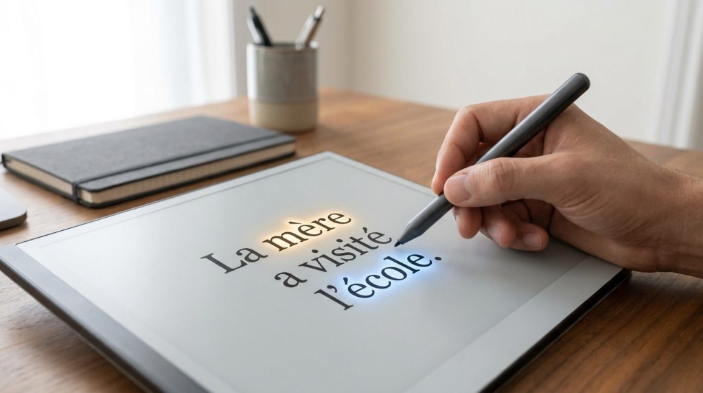 Une main utilise un stylet sur une tablette pour corriger les accents dans la phrase : « La mère a visité l'école. »