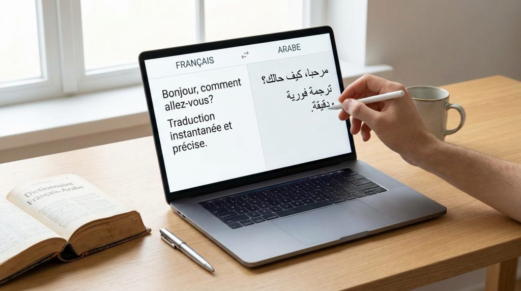 Une personne utilisant un stylet sur un écran d'ordinateur montrant une traduction entre le français et l'arabe.