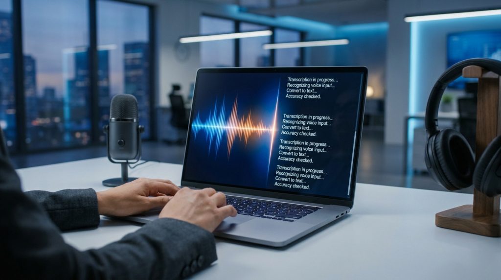 Mains d'une personne travaillant sur un ordinateur portable avec une onde sonore affichée à l'écran pour la transcription.