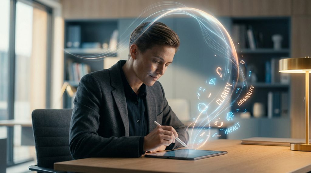 Une personne utilise un stylet sur une tablette numérique avec des hologrammes de mots-clés comme Clarté et Impact.