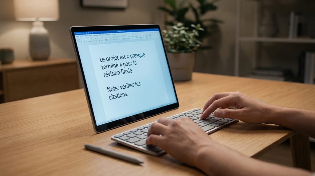 Mains tapant sur un clavier devant un écran montrant une phrase française avec des guillemets.