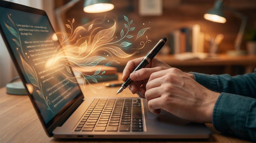 Mains tenant un stylo plume devant un écran d'ordinateur avec des motifs de feuilles lumineuses sortant du texte.