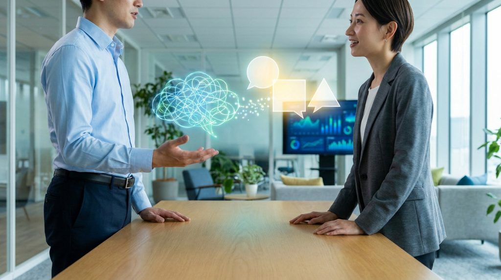 Deux professionnels discutent avec une visualisation numérique de la transformation de pensées confuses en idées claires.