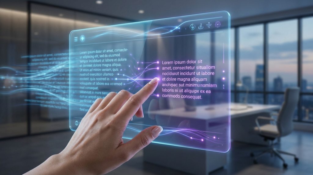 Une main interagit avec une interface holographique transparente affichant du texte et des données dans un bureau moderne.