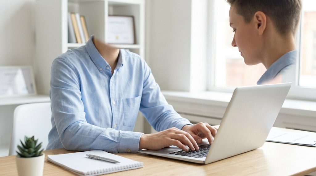 Une personne en chemise bleue tape sur un ordinateur portable dans un bureau lumineux.