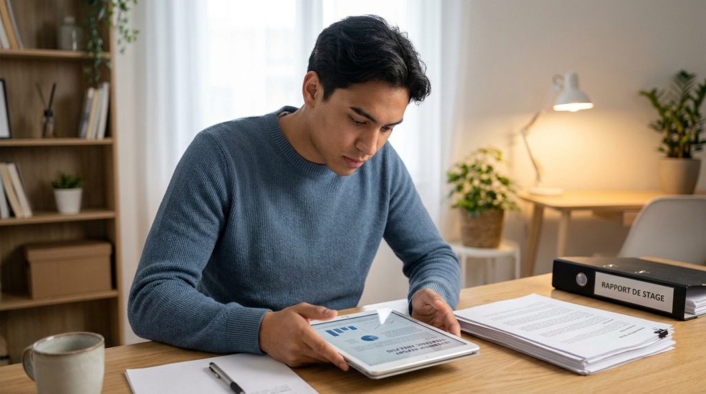 Un jeune homme concentré analyse des données sur une tablette numérique pour rédiger son rapport de stage.