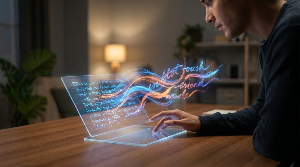 Un homme interagit avec un écran holographique affichant des flux de lumière artistique représentant l'écriture humaine.