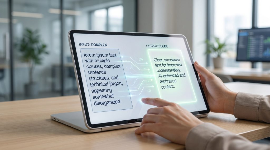Tablette montrant la transformation d'un texte complexe et désorganisé en un contenu clair et structuré.