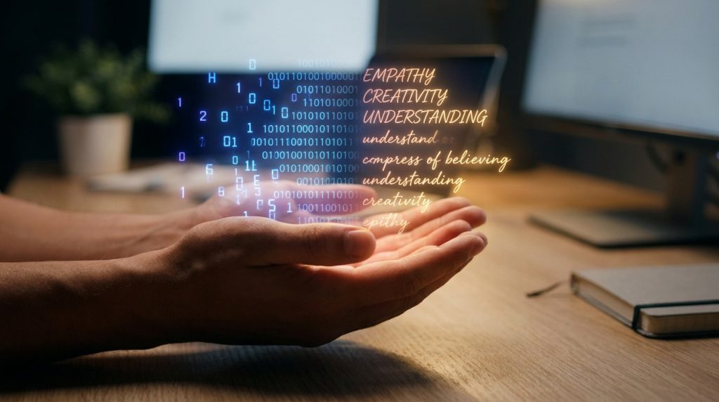 Mains humaines tenant des données numériques et des mots comme empathie et créativité en lumière holographique.