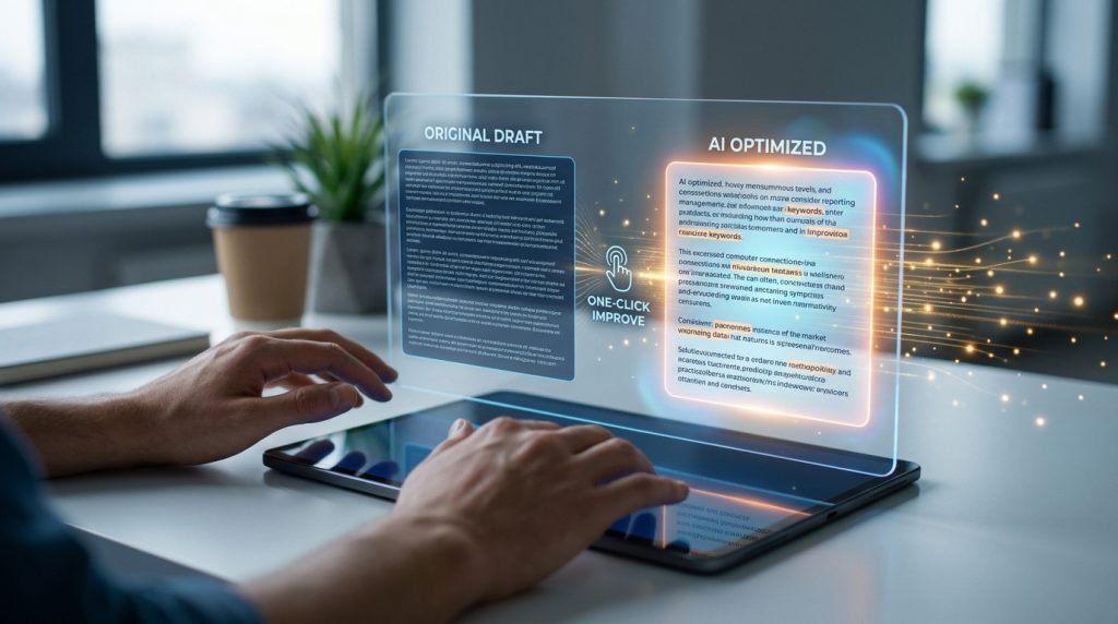 Mains sur un clavier affichant une interface holographique comparant un brouillon original et un texte optimisé par IA.