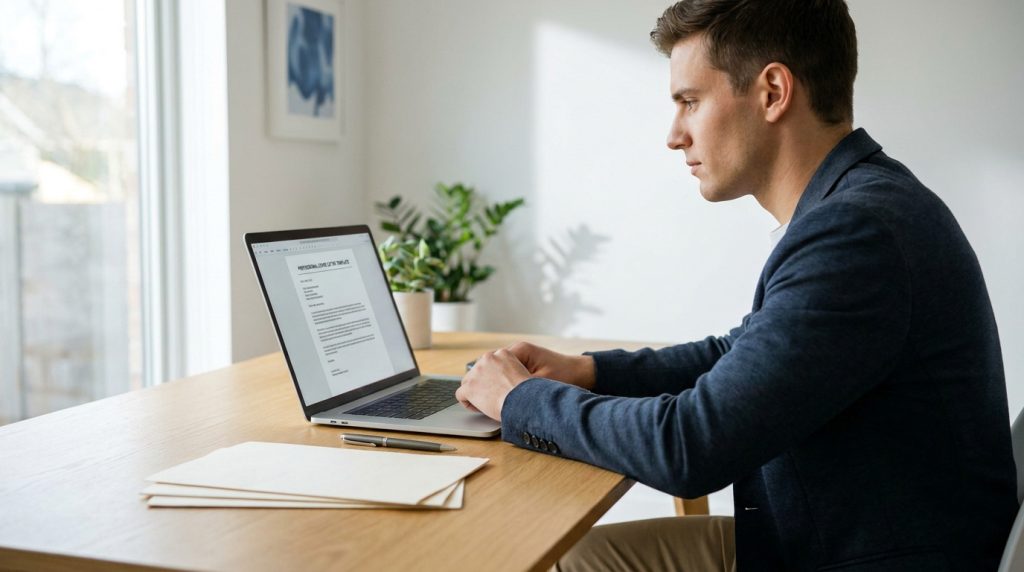 Un jeune homme en veste travaille sur son ordinateur portable pour rédiger une lettre de motivation à son bureau.