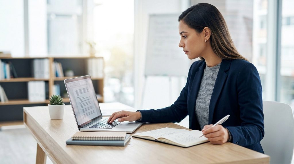 Une jeune femme professionnelle travaillant sur son ordinateur portable et prenant des notes dans un bureau lumineux.