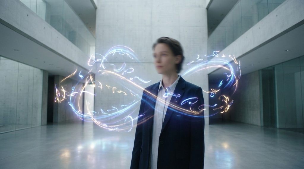 Une personne en costume devant un tourbillon lumineux de signes calligraphiques dans un hall moderne.