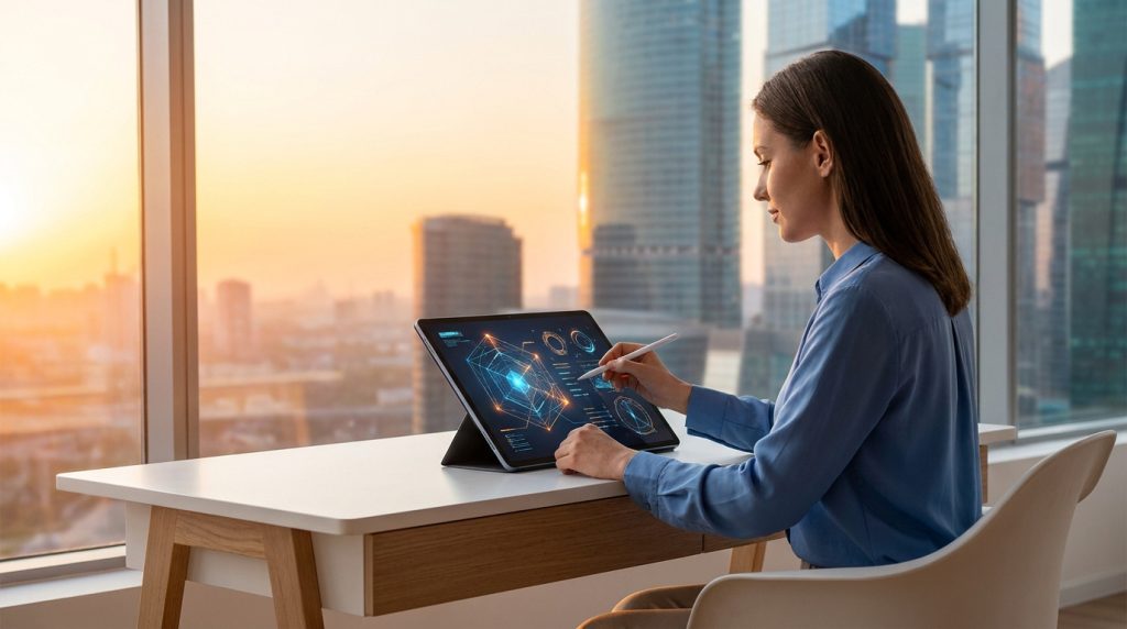 Une femme utilisant un stylet sur une tablette numérique avec des graphiques futuristes devant un coucher de soleil.