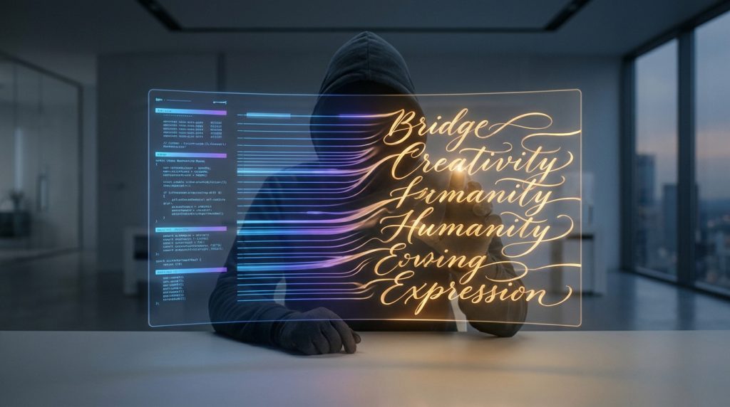 Une personne à capuche interagit avec une interface holographique affichant du code et des concepts de créativité.