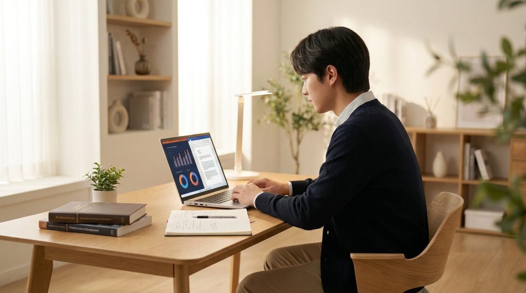 Un étudiant travaille sérieusement sur son ordinateur portable pour rédiger son rapport de stage dans un bureau lumineux.