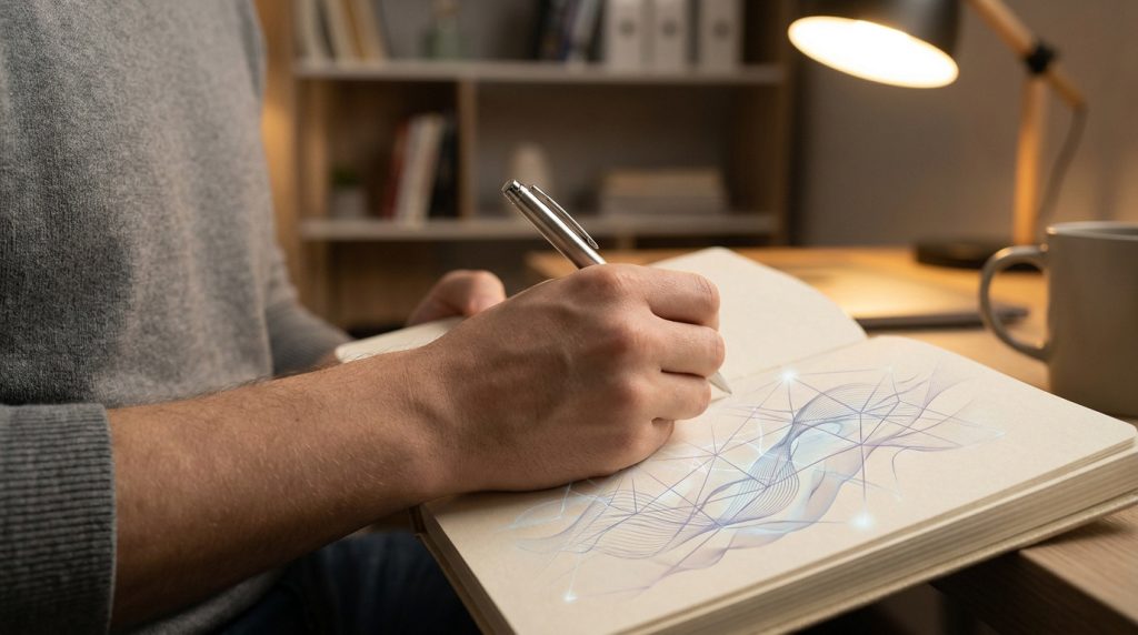 Une personne écrit dans un carnet avec un dessin de lignes abstraites et de nœuds lumineux sur la page.
