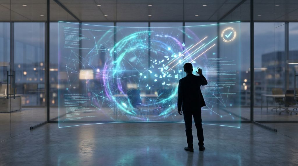 Un professionnel en costume interagit avec une interface numérique holographique complexe dans un bureau moderne.