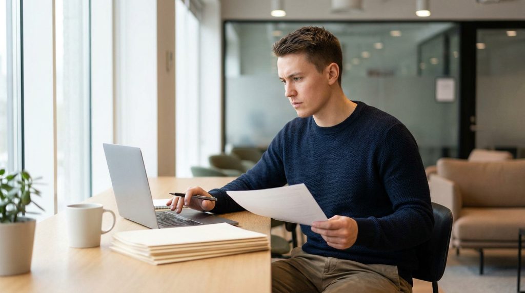 Jeune homme concentré travaillant sur un ordinateur portable dans un bureau lumineux avec une feuille de papier à la main.