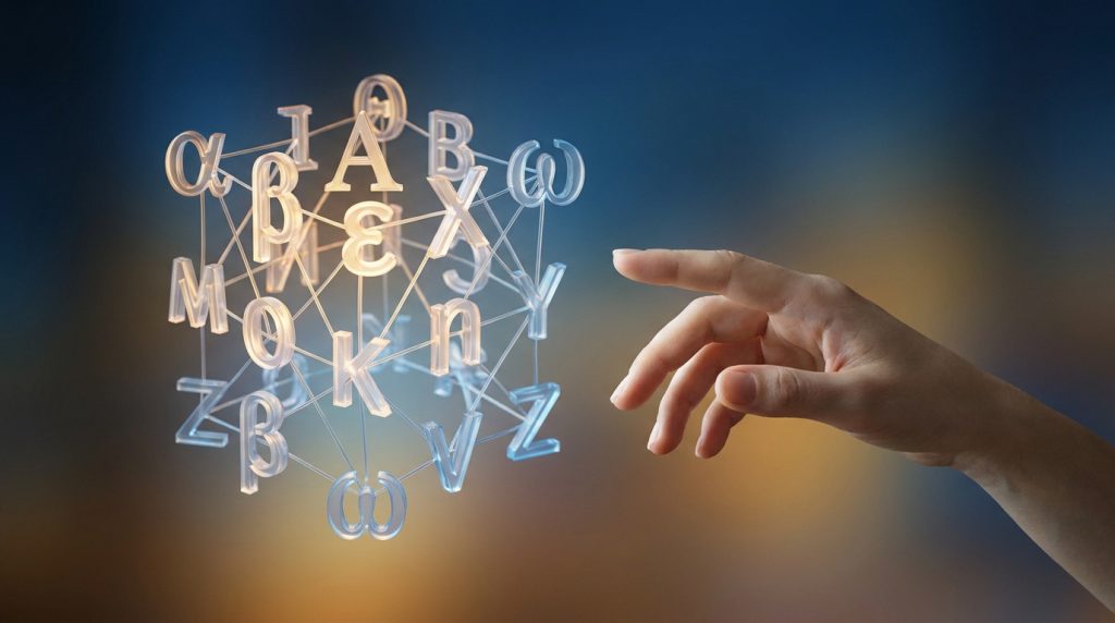 Main humaine touchant une structure géométrique flottante composée de lettres lumineuses en 3D.
