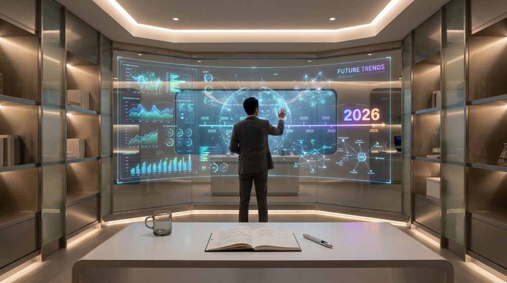 Un homme d'affaires analyse des données sur un écran holographique futuriste affichant des tendances pour 2026.
