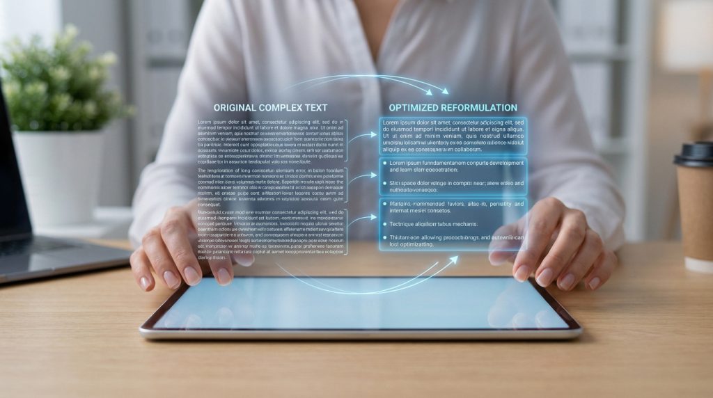 Personne utilisant une tablette affichant un schéma de transformation de texte complexe en version optimisée.