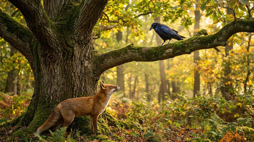 Un renard roux debout au pied d'un grand arbre regarde un corbeau noir posé sur une branche dans une forêt automnale.